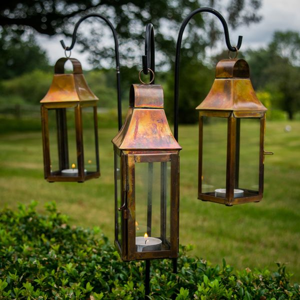 Three Mini Tonto Burnished Copper Lanterns and Matt Black Stake