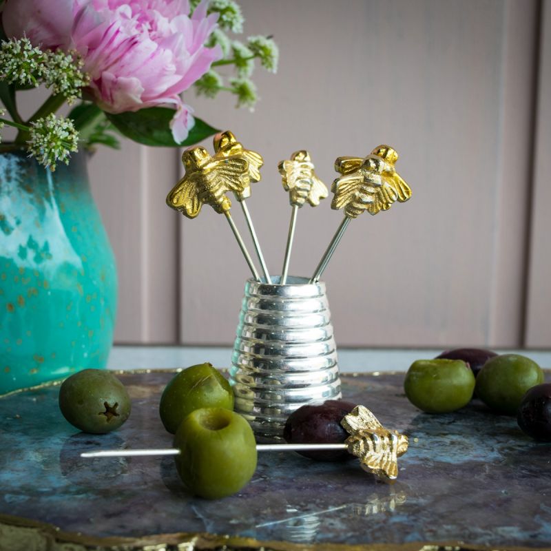 Set of 6 Queen Bee Olive Picks & Holder 