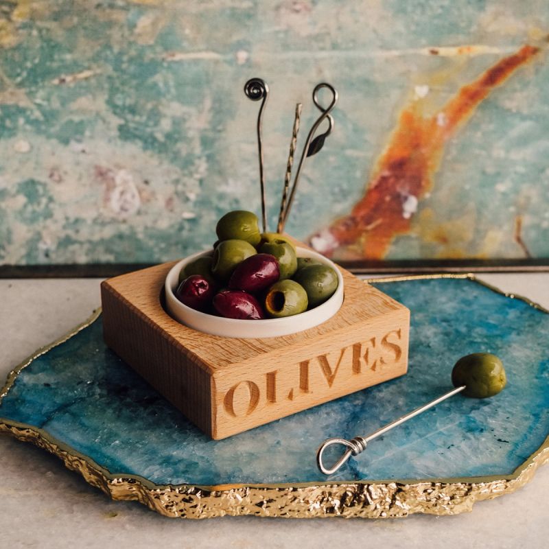 'Olives' Beech Wood Holder with Porcelain Dish & Picks 