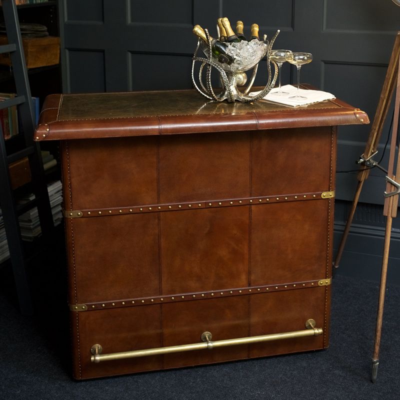 Panama Cognac Leather Bar Counter - with Brass Top