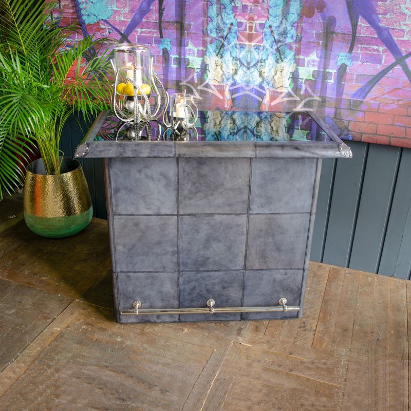 Panama Leather Bar Counter with Glass Top - Grey 