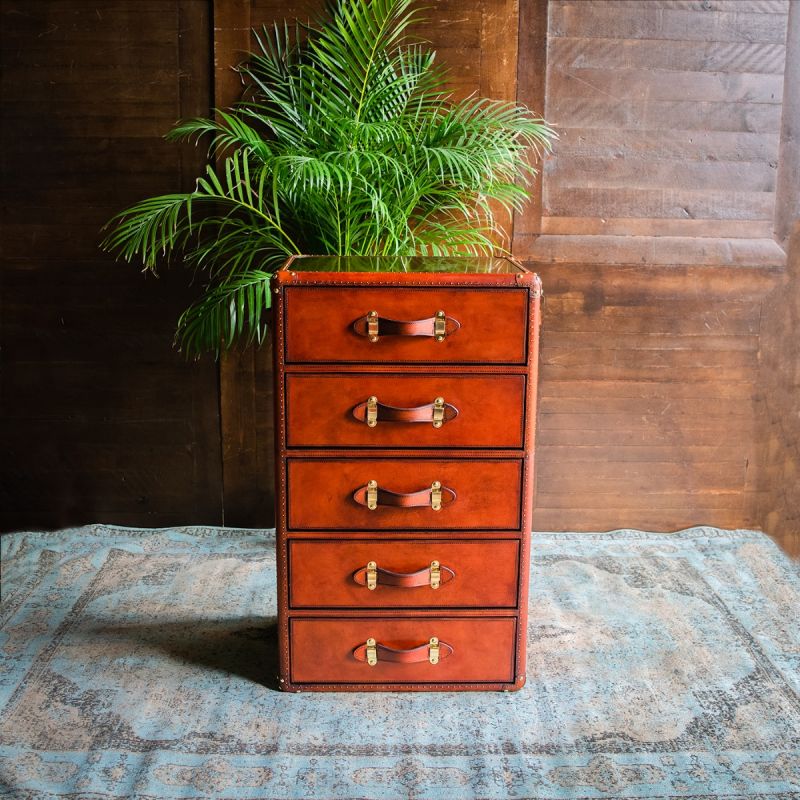 Panama Cognac Leather Chest of 5 Drawers - with Brass Top 