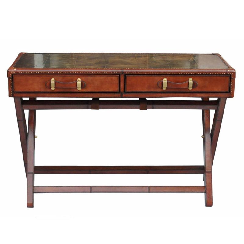 Panama Leather Console Table with Brass Top and Wooden Legs- Cognac | Ex Display