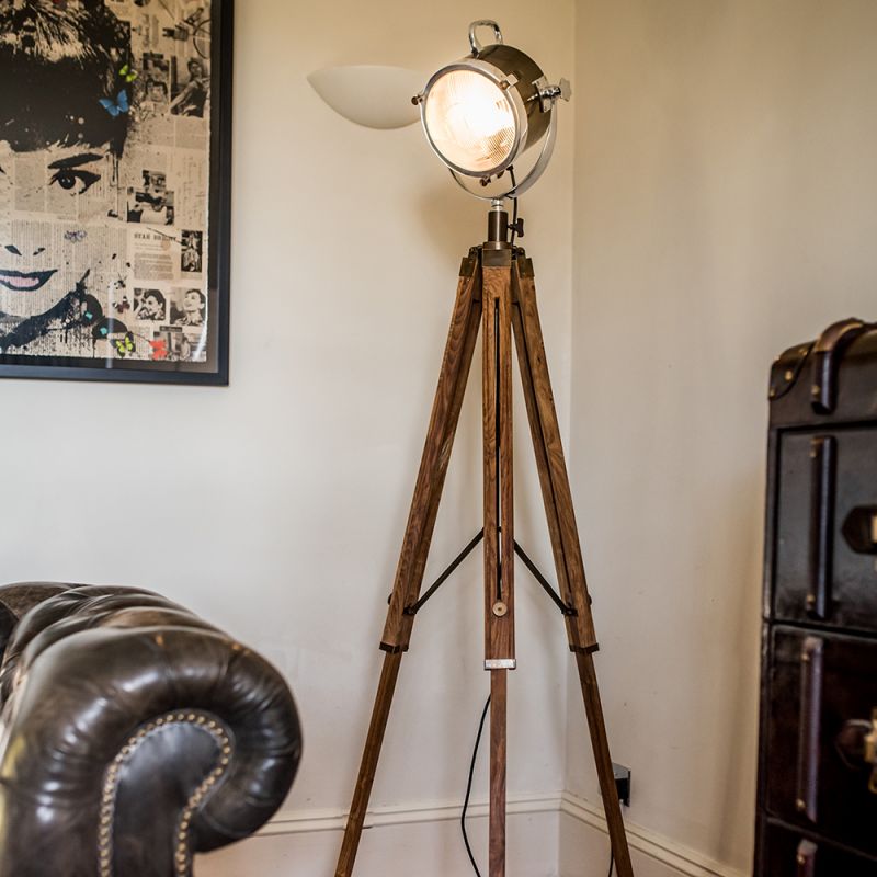 Two Tone Spotlight Floor Lamp with Wooden Tripod