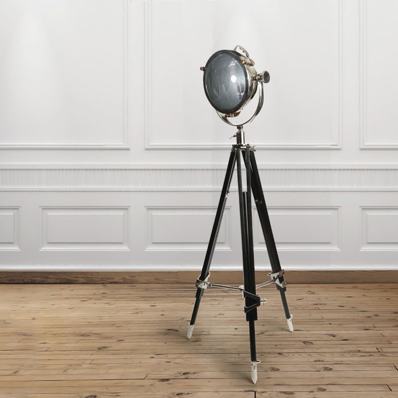 Rolls Headlamp Floor Lamp with Black Wood Tripod 
