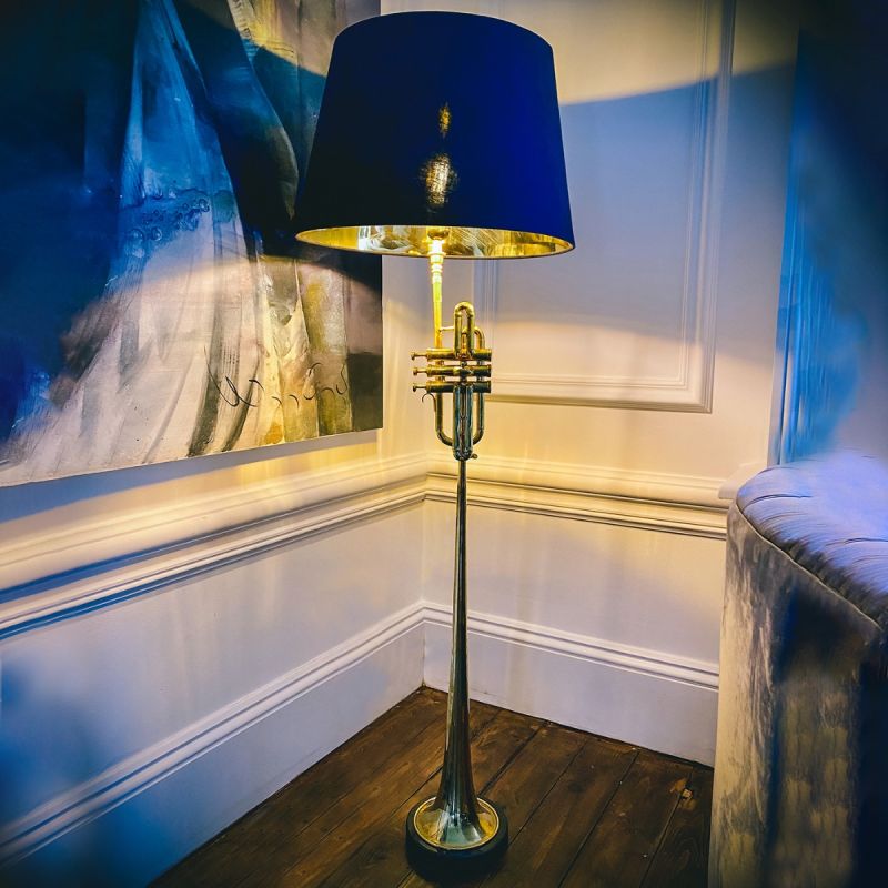 Herald Trumpet Floor Lamp with Black Shade 