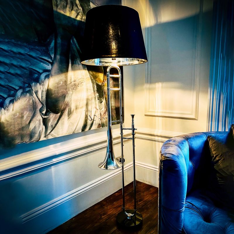 Rosolino Trombone Floor Lamp with Black Shade