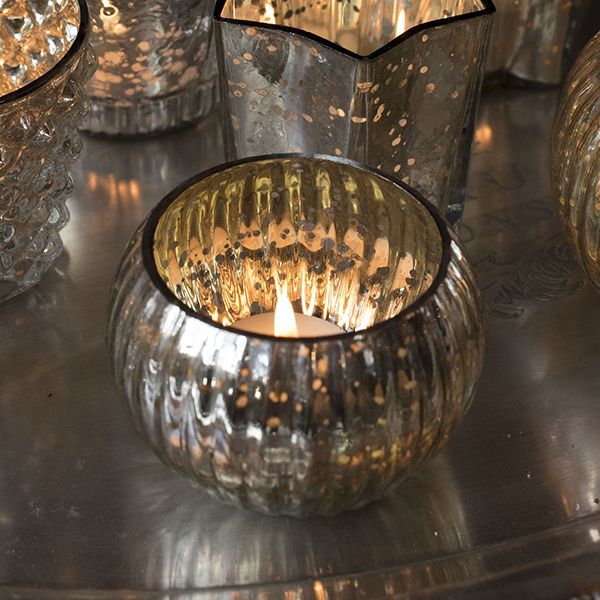Small Antique Silver Mercury Glass Globe Tea Light Holder