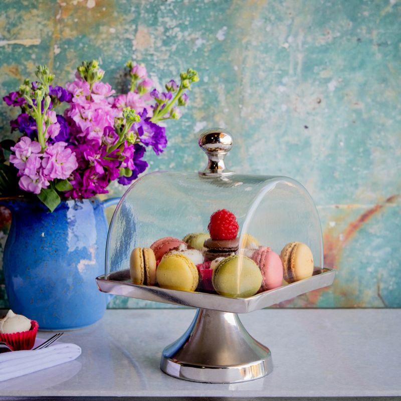 Square Cake Plate with Glass Dome - Shiny Nickel 