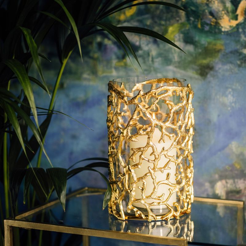 Large Coral Hurricane Lantern - Gold Finish 