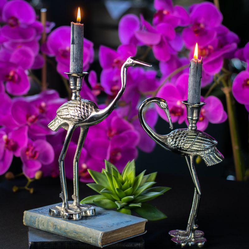 Pair Of Crane Candle Holders - Silver Finish