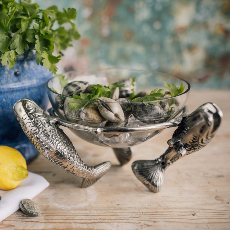 Three Leaping Fish with Glass Bowl 