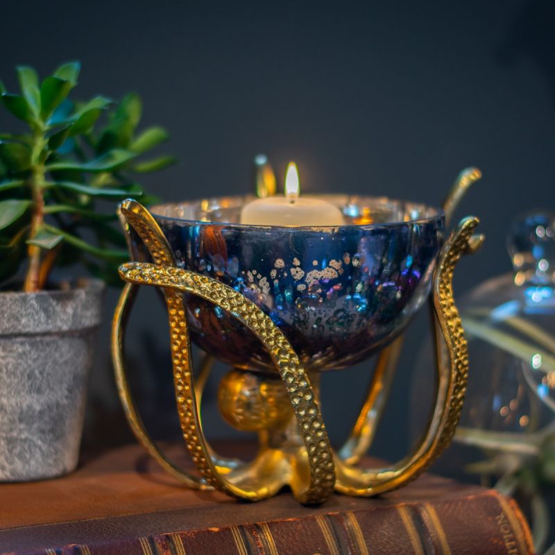 Mini Gold Octopus Stand With Decorative Foil Bowl Incl. Marbles & Candle