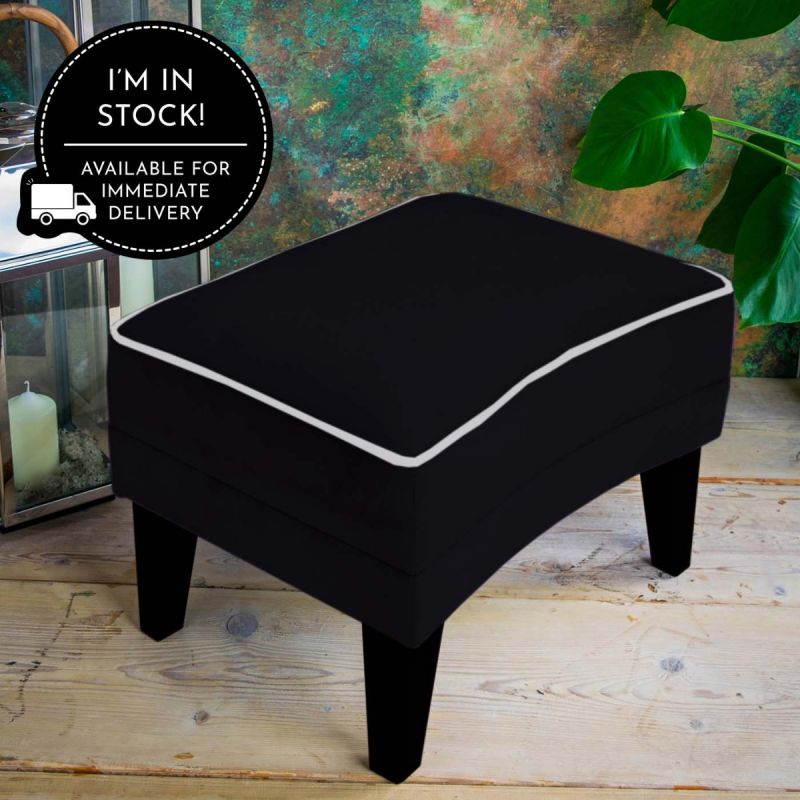 Romeo Velvet Ebony Footstool with Silver Grey Piping