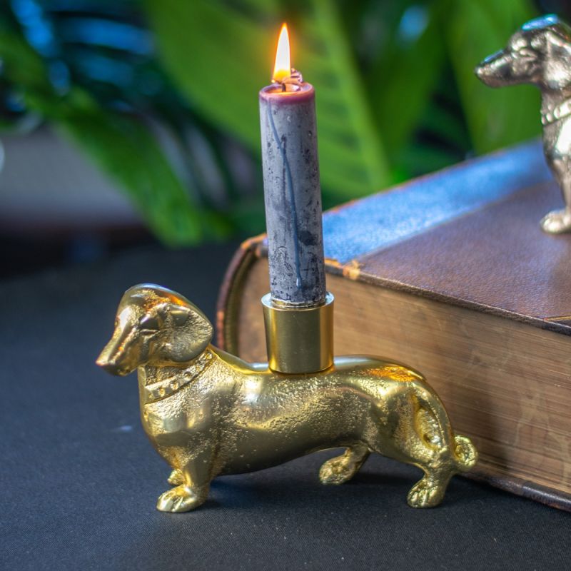 Sausage Dog Single Candle Holder - Antique Gold Finish 