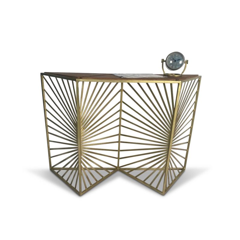Bharati Brass Finish Sunburst Design Console Table with Wood Top