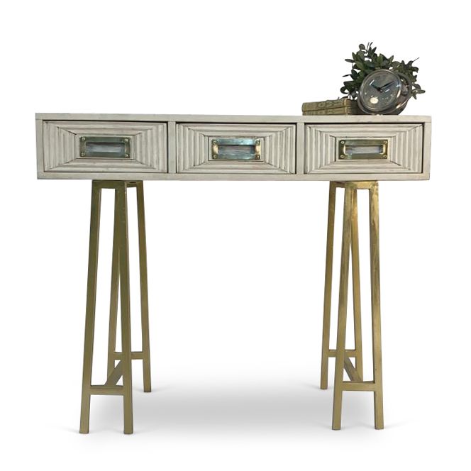 Three Drawer Carved Console Table - Whitewash Finish