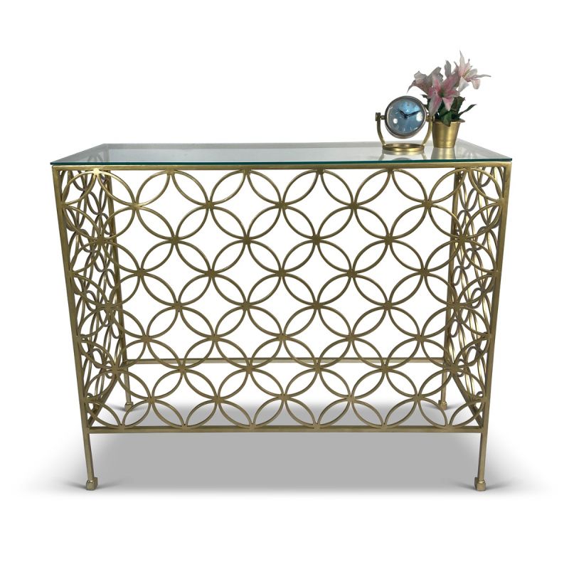 Sarton Antique Brass Floral Design Console with Glass Top