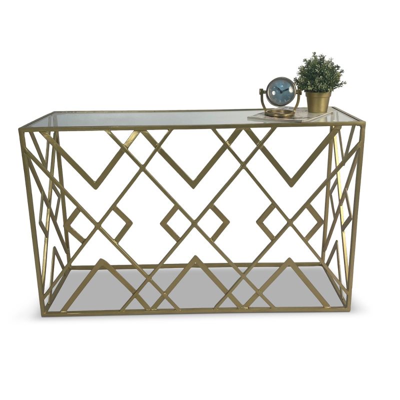 Sontag Antique Brass Finish Geo Console Table with Glass Top