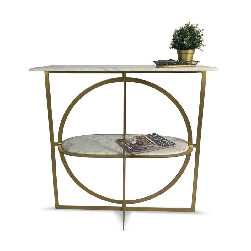 Muriel Brass Console Table with Marble Top and Shelf