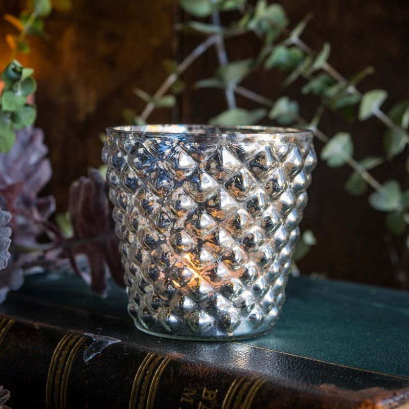 Small Antique Silver Mercury Glass Bubble Tea Light Holder