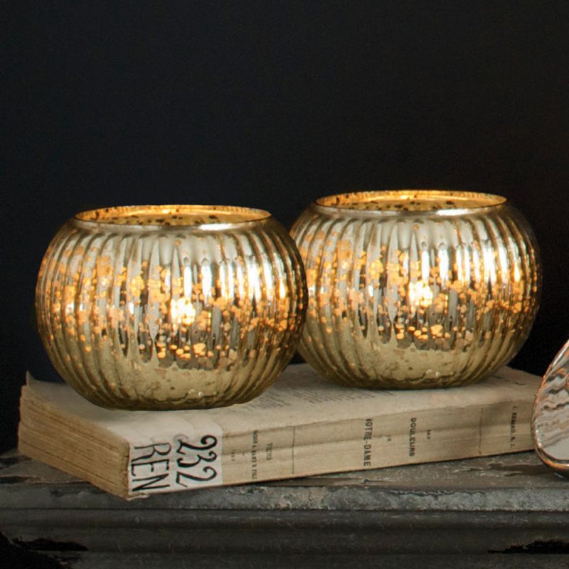 Pair of Large Antique Gold Mercury Glass Globe Tea Light Holders 