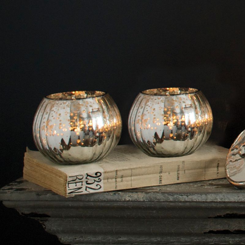 Pair of Small Antique Silver Mercury Glass Globe Tea Light Holders 