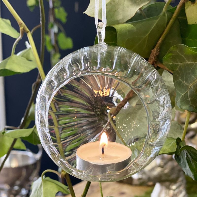 Large Fluted Round Glass Tea Light Hanging Decoration