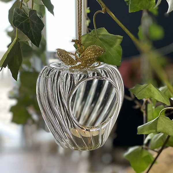 Apple Glass Hanging Tea Light Decoration with Gold Wire Flower 