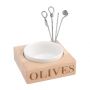 'Olives' Beech Wood Holder with Porcelain Dish & Picks 