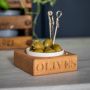 'Olives' Beech Wood Holder with Porcelain Dish & Picks 