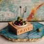 'Olives' Beech Wood Holder with Porcelain Dish & Picks 